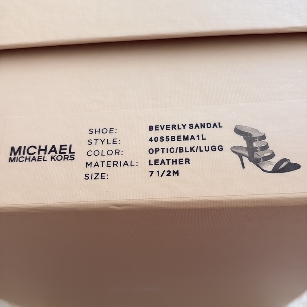 Michael Kors Beverly Sandal Mid Heel Optic White/Black/Luggage Brown - Picture 4 of 9